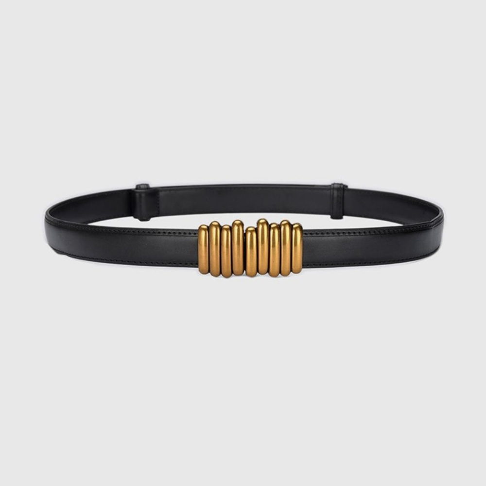 Black Leather Belt with Gold Ribbed Buckle